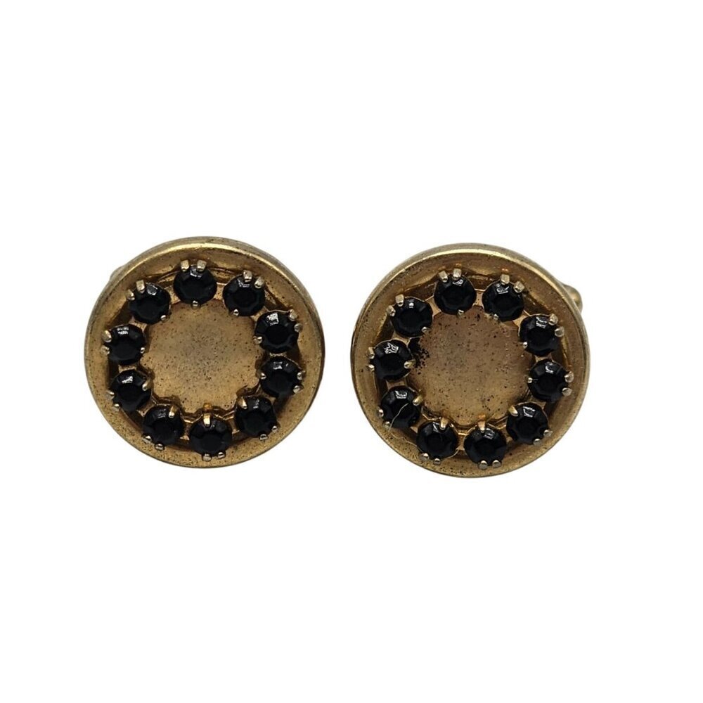 Vintage Gold Tone Cufflinks With Black Rhinestones Circle Design